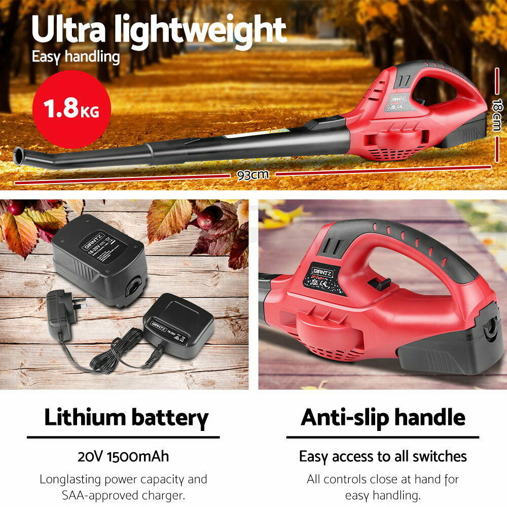 Giantz 20V Cordless Leaf Blower Garden Lithium Electric Battery Nozzles 2-Speed
