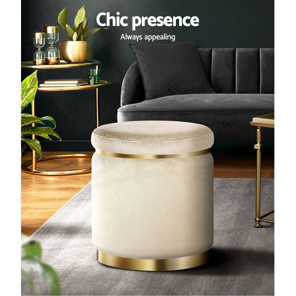 Artiss Ottoman Foot Stool Round Velvet Cream