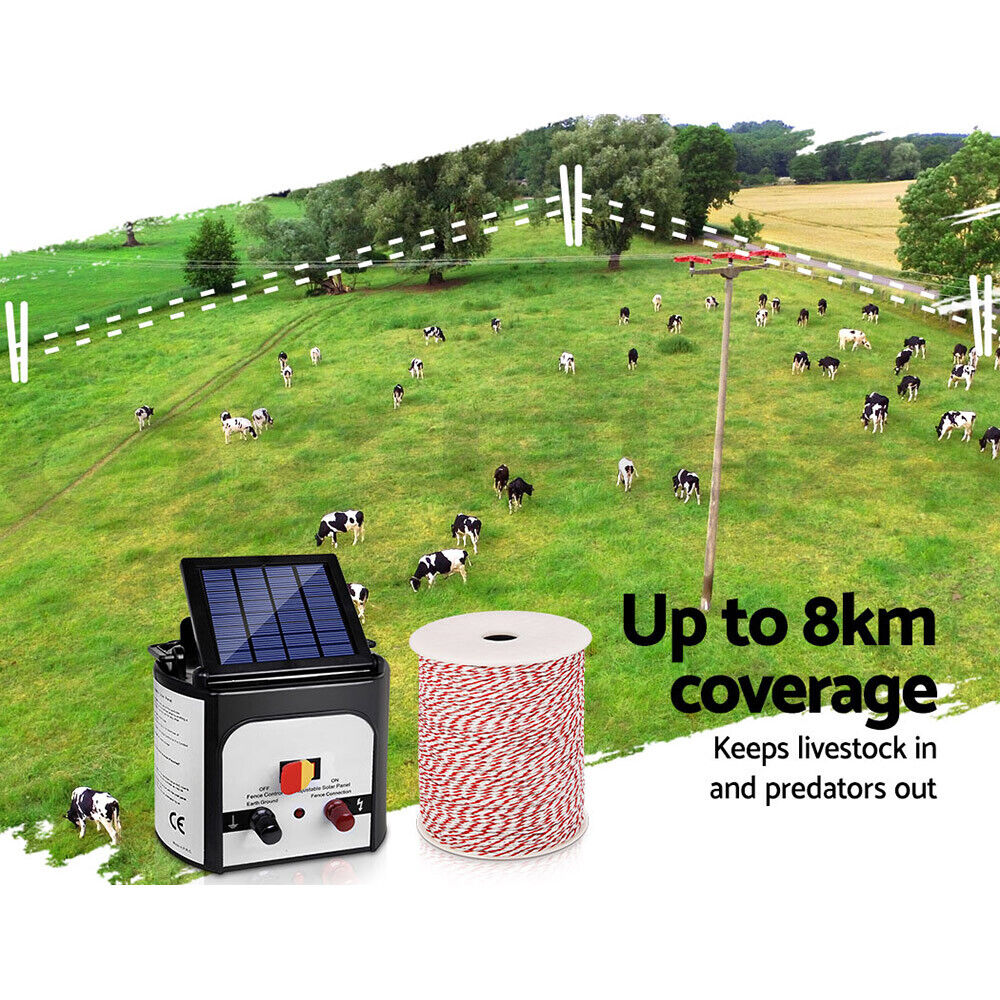 Giantz Fence Energiser 8KM Solar Powered Electric 500M Poly Wire Insulator