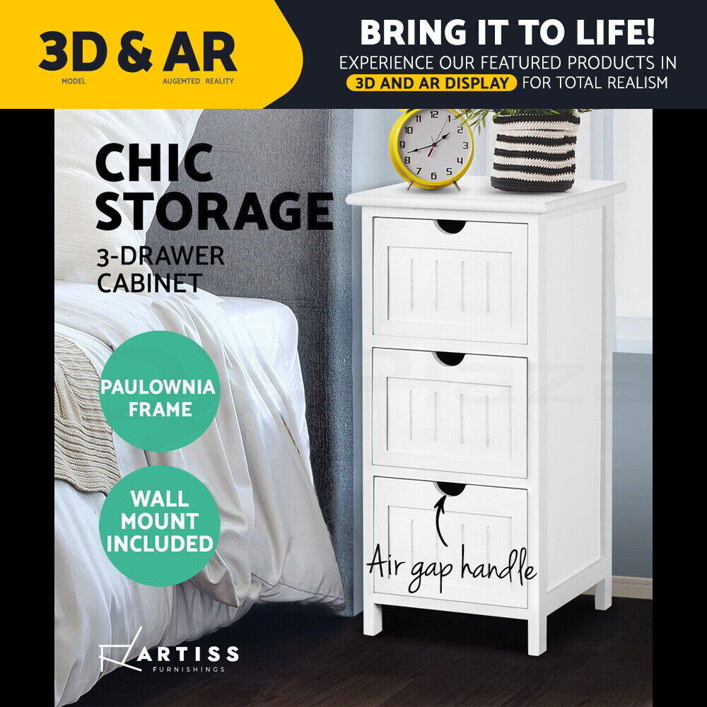 Artiss Bedside Table Bathroom Storage Cabinet 3 Drawers White
