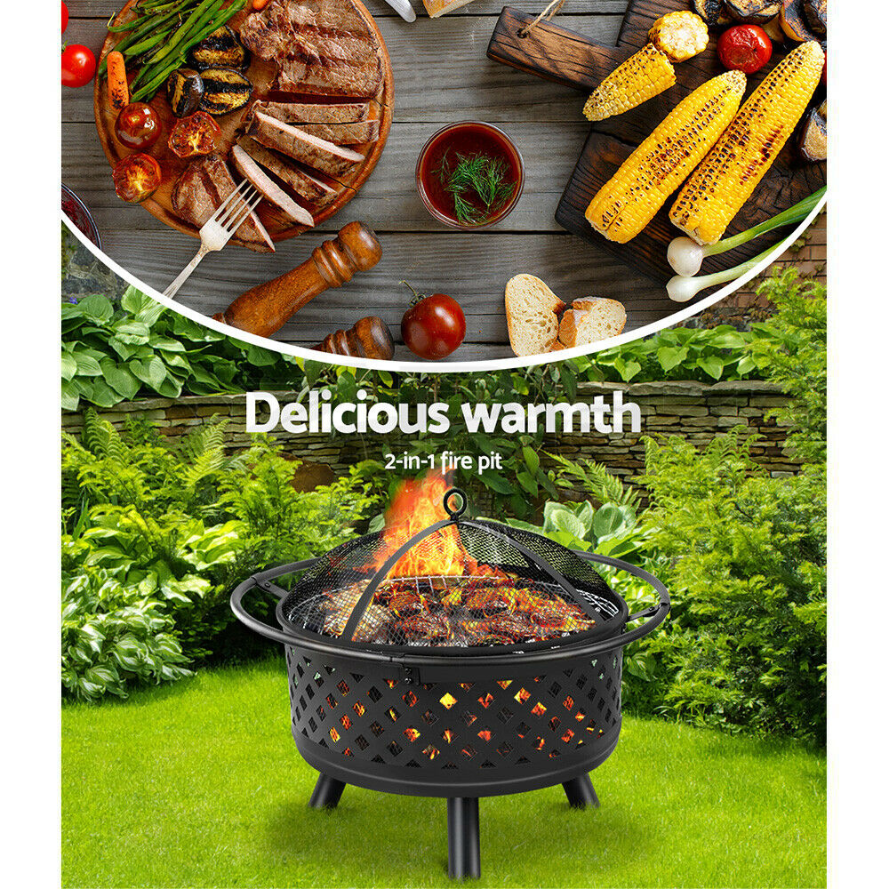 Fire Pit BBQ 2-in-1 Grill Smoker Portable Outdoor Fireplace Heater Pits 30"