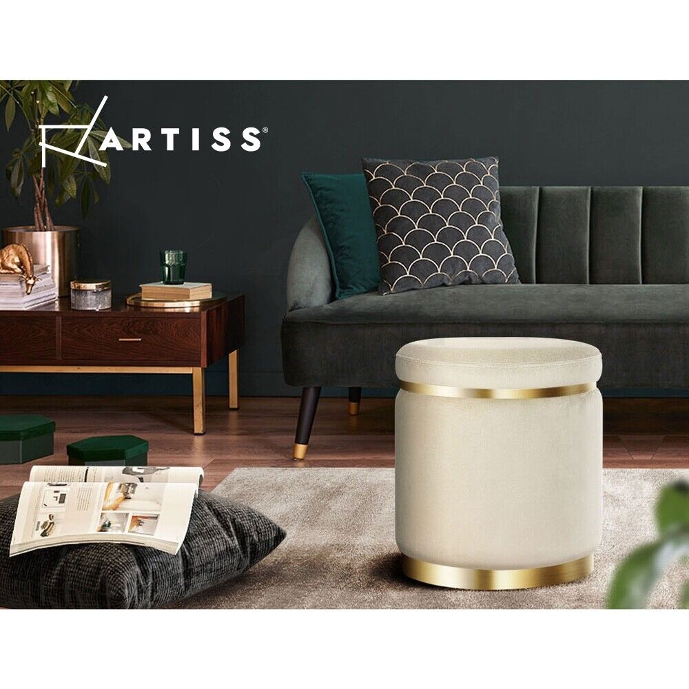 Artiss Ottoman Foot Stool Round Velvet Cream