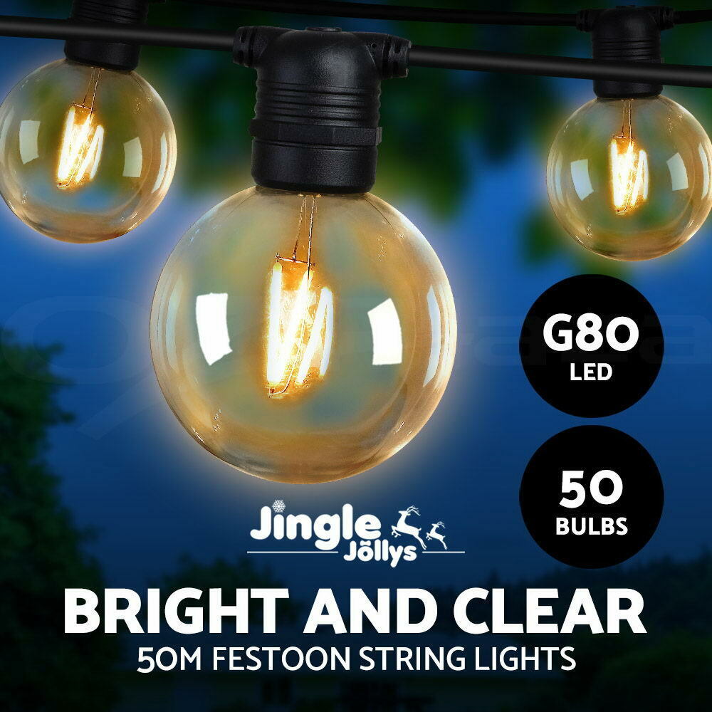 Jingle Jollys 50m LED Festoon Lights String Lighting LED Outdoor Garden Bulb