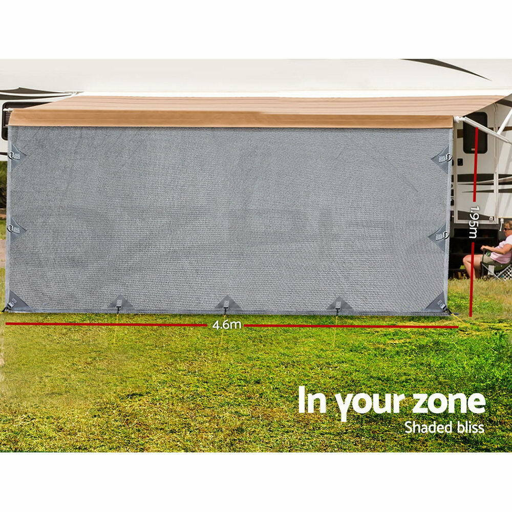 Caravan Privacy Screen Roll Out Awning 4.6x1.95M End Wall Side Sun Shade Grey