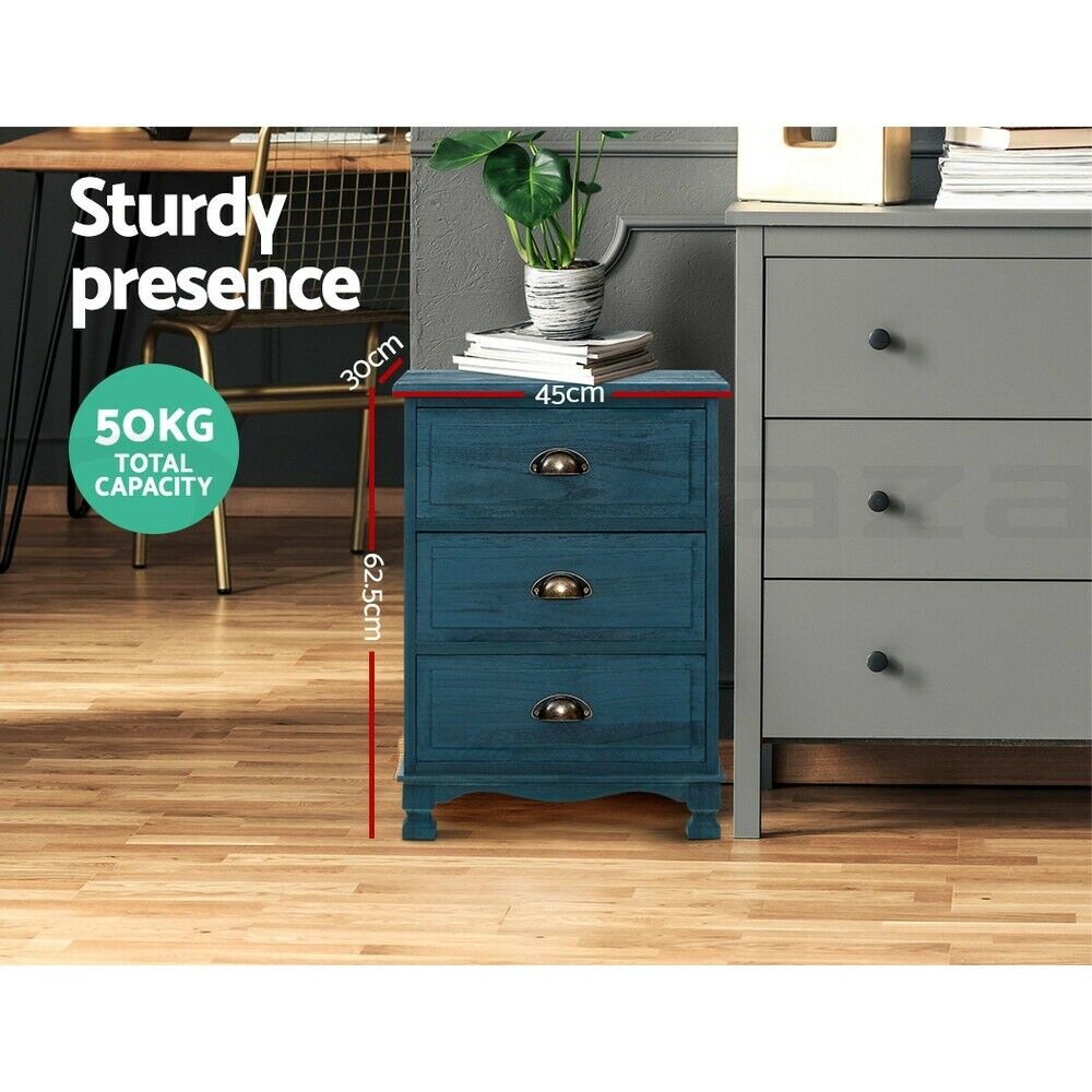 Artiss Bedside Table 3 Drawers Vintage - THYME Blue