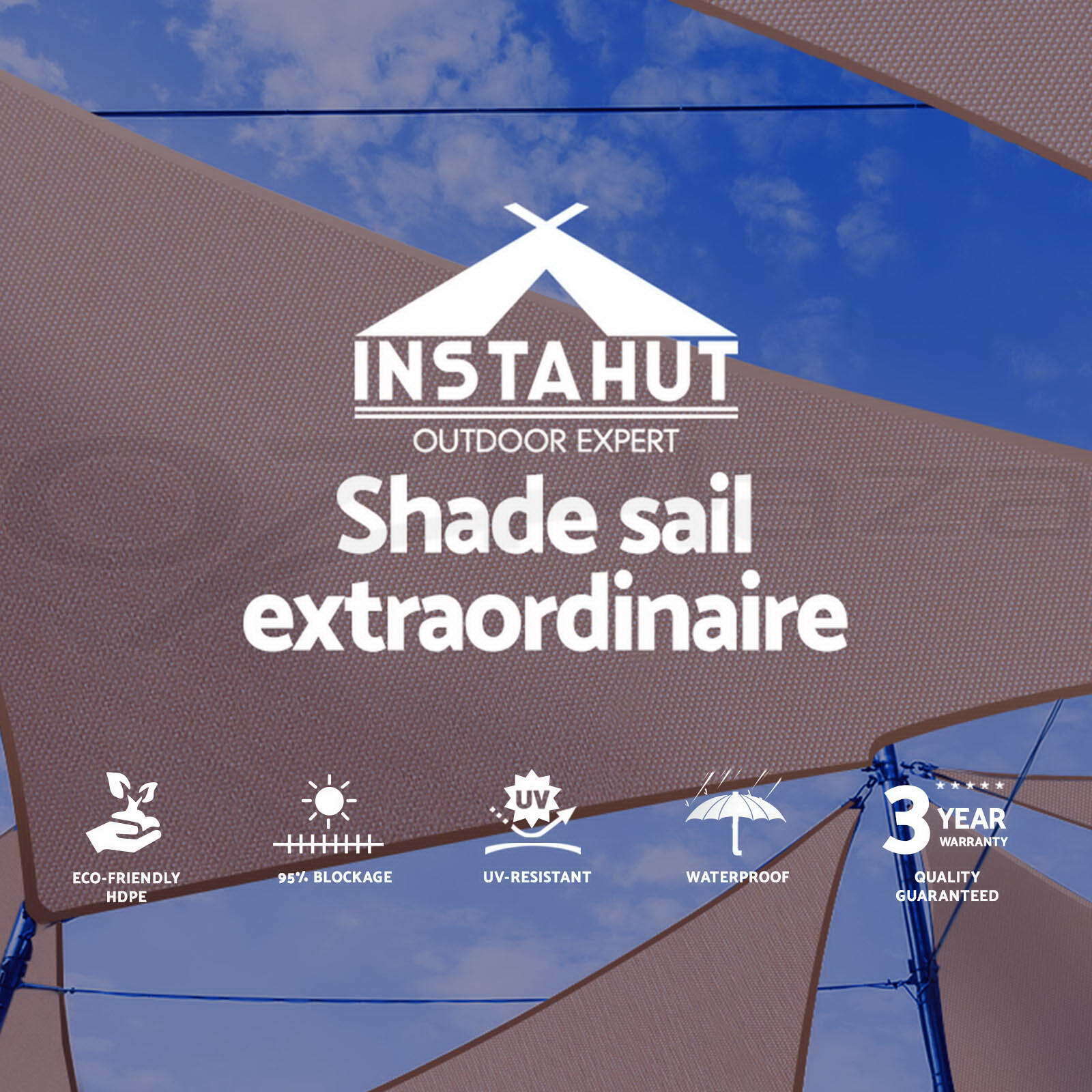 Instahut Waterproof Shade Sail 5x5x5m Rectangle Sand 95% Shade Cloth