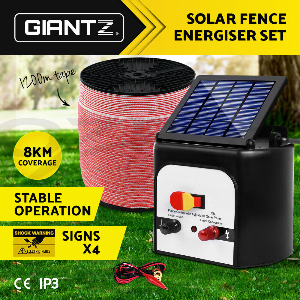 Giantz Fence Energiser 8KM Solar Powered Electric 1200M Poly Tape