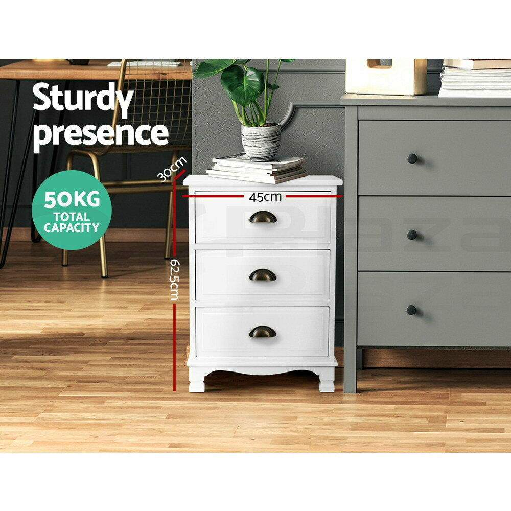 Artiss Bedside Table 3 Drawers Vintage - THYME White