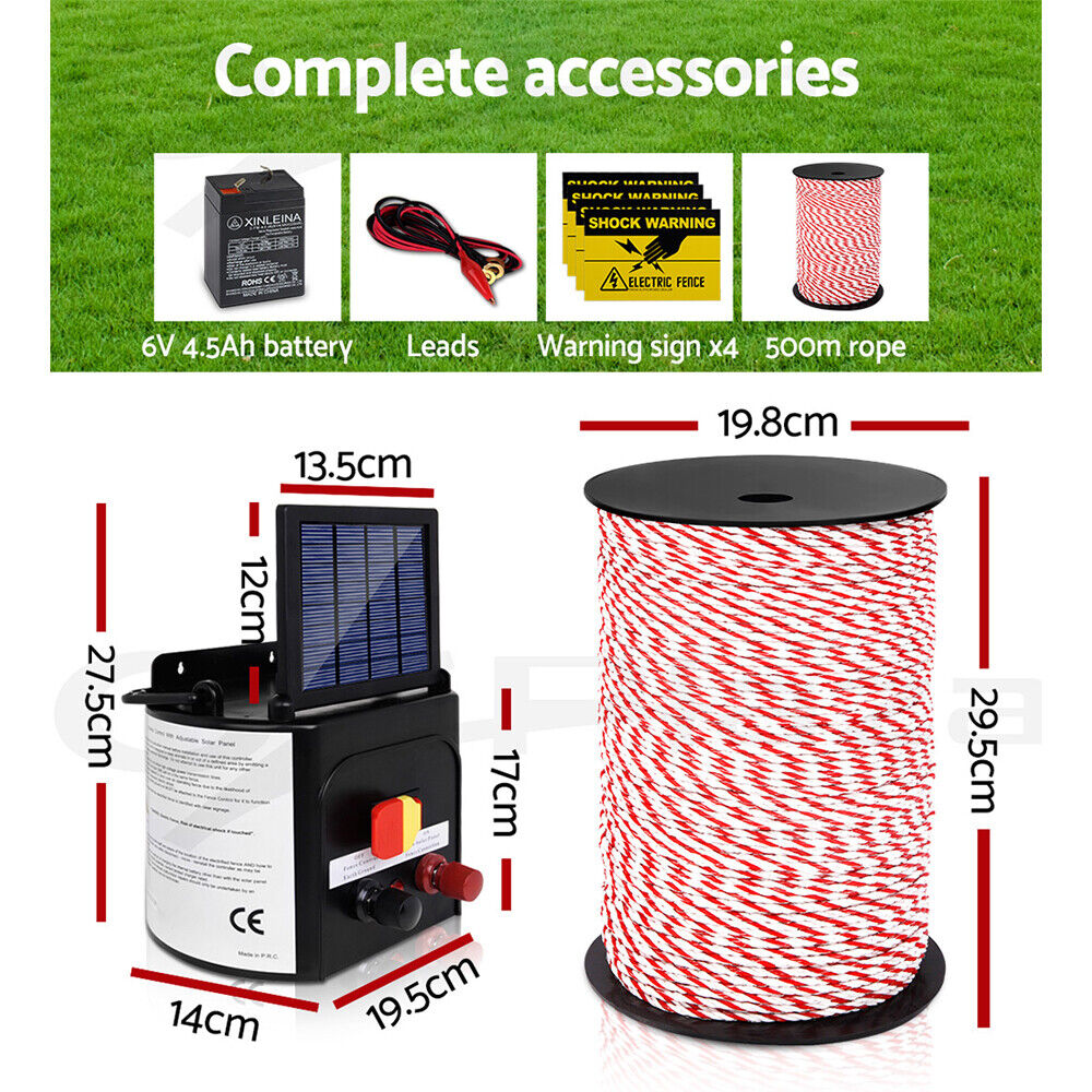 Giantz Fence Energiser 5KM Solar Powered Electric 500M Poly Rope