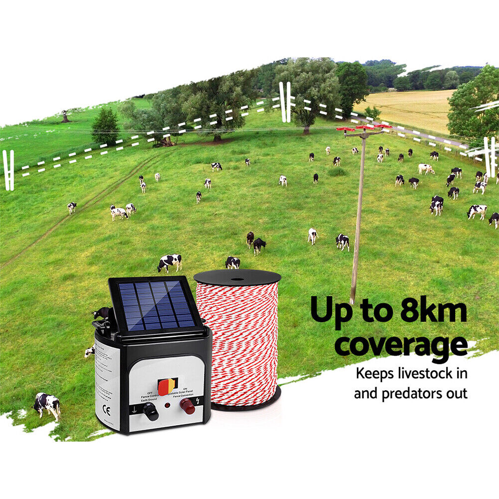 Giantz Fence Energiser 8KM Solar Powered Electric 500M Poly Rope